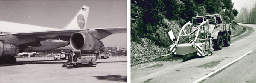 Eine der ersten Schmidt Kehrmaschinen auf dem Flugfeld und die Schmidt VKS auf der Strasse im Einsatz