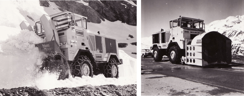 Schmidt VF7 Schneefräse (links) und Schmidt VS7 Schneeschleuder (rechts) an einer Kaelble