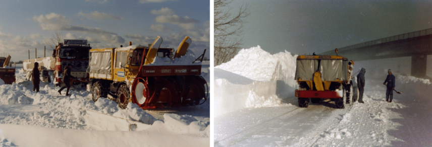 Las máquinas quitanieves de Schmidt apoyan el trabajo de limpieza después del desastre de la nieve en el norte de Alemania (1978/1979) 