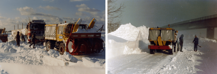 Las máquinas quitanieves de Schmidt apoyan el trabajo de limpieza después del desastre de la nieve en el norte de Alemania (1978/1979)