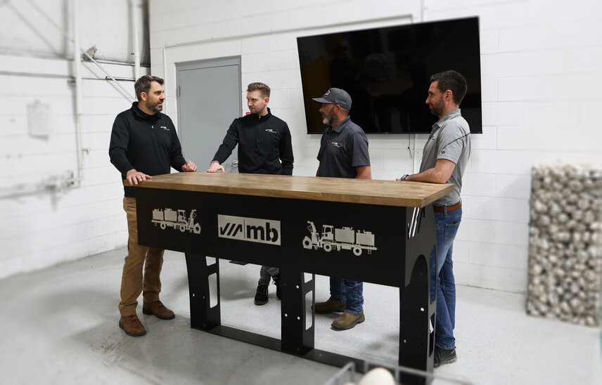 From left to right: Josh Abler, Inside Sales Manager MB; Michael Schneider, Director Operations Development North America; Philip Campanella, Assembly Manager; Simon Bueche, Manager of Industrial Engineering; missing in the photo Doug Blada, General Manager MB Airport, Attachments and Brush.