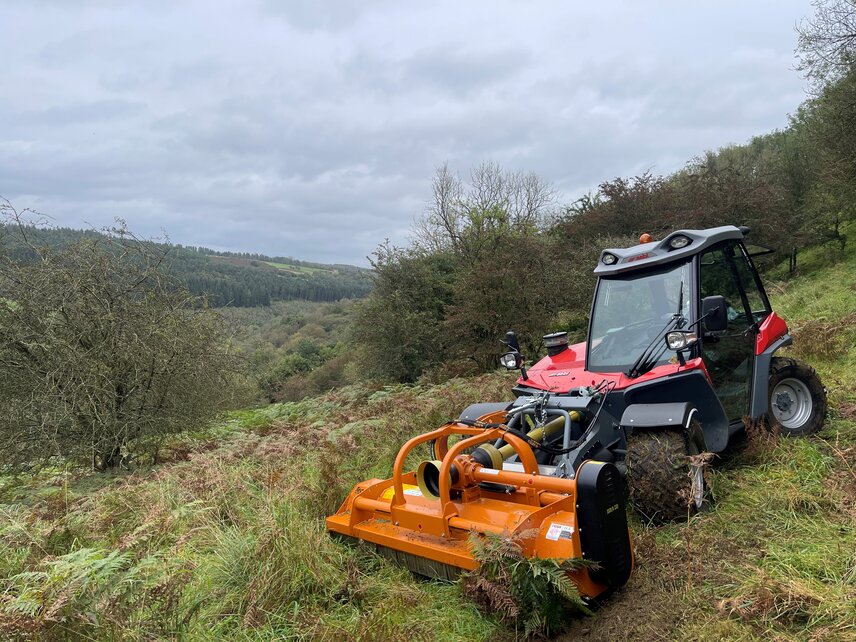 Ein Aebi TT 281+ mit Schlegelmäher im Einsatz auf steilem Gelände mit dichter Vegetation.