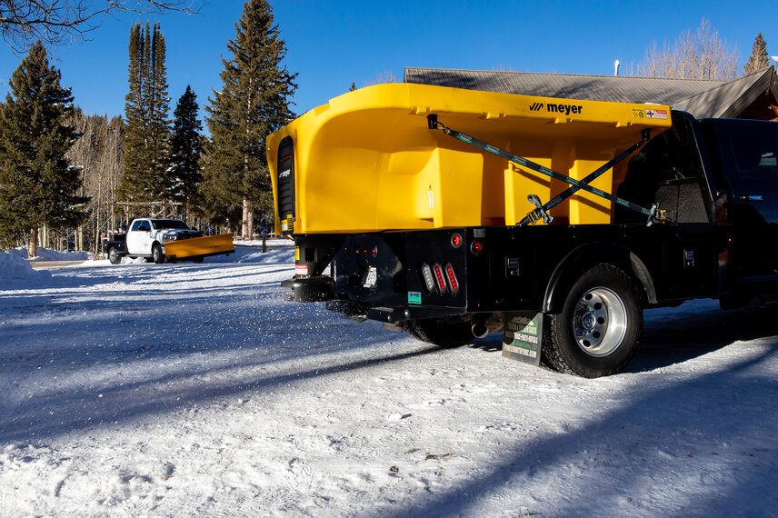Ready for winter: Meyer Products, including the Crossfire Spreader,  tackle the slopes—available now through Pine Country