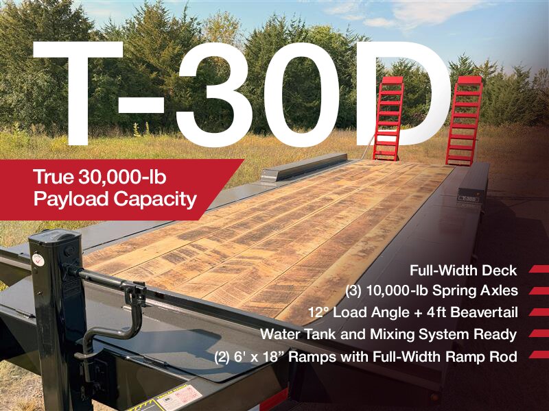 Towmaster’s new T-30D trailer delivers a TRUE 30,000 lb. payload capacity with a triple-axle design and full-width drop deck that extends in front of the fenders—perfect for wider directional drills and mini excavators that need more space and better balance.