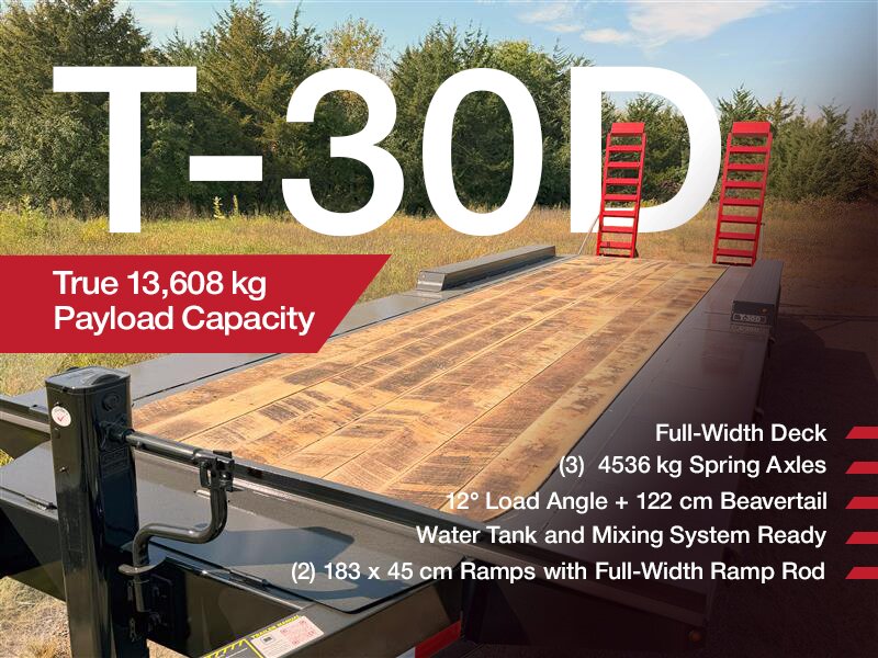 De nieuwe T-30D-aanhangwagen van Towmaster heeft een ECHT laadvermogen van 13.608 kg, een ontwerp met drie assen en een dropdeck over de volledige breedte dat zich uitstrekt tot voor de spatborden. Dit is perfect voor bredere richtboormachines en minigraafmachines die meer ruimte en een betere balans nodig hebben.