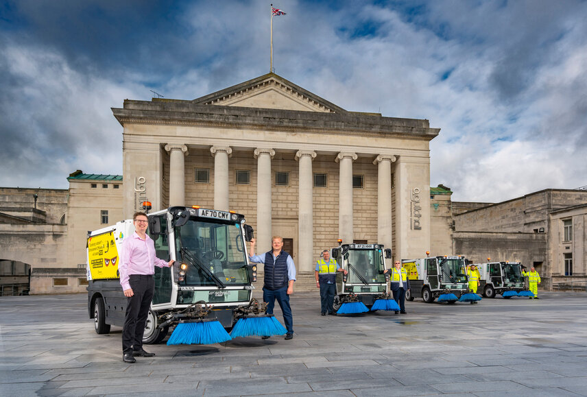 From left to right: Cabinet Member for Environment, Councillor Steve Galton; Deputy Leader and Cabinet Member for Growth, Councillor Jeremy Moulton; Operations Manager for Central, Simon Buston; Team Leader City Services, Jayne Goddard; Sweeper Operator, Jose Baptista; Working Supervisor, Mark Winter.